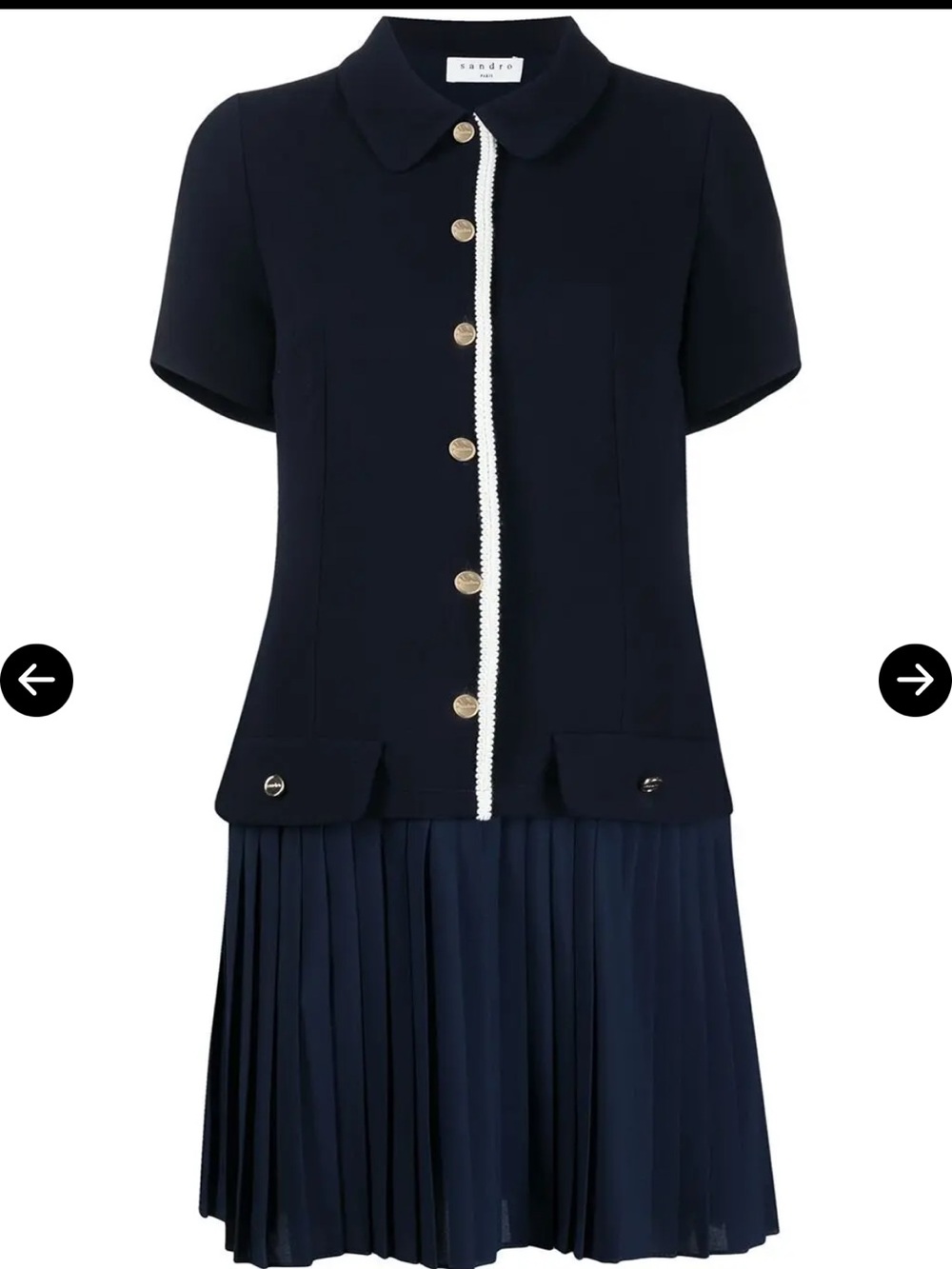 Sandro Alberta Layered Cardigan Navy Dress with White Trim and Gold Buttons